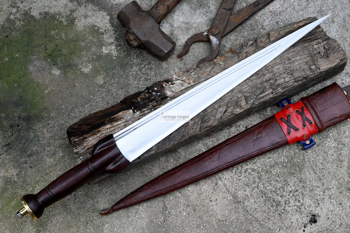 Rosewood handle detail on hand forged Scottish Dirk knife