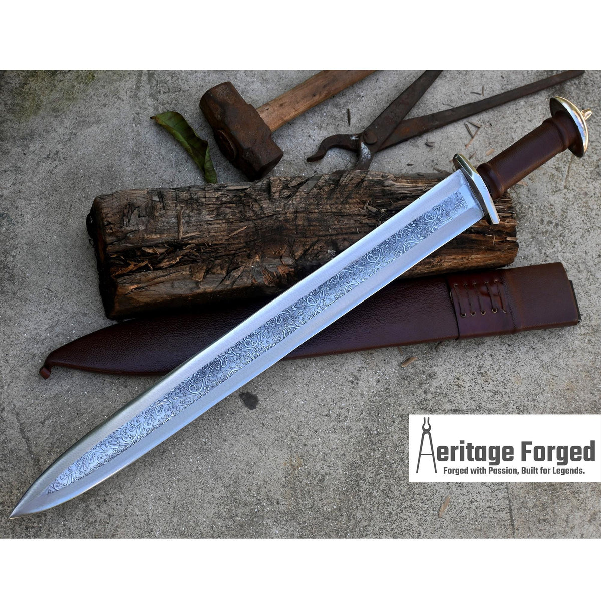 VIKING SWORD/21 inches Long Blade hand Made Sword/Leaf spring of truck/Rosewood Handle/Sharpen/Tempered/Flower pattern etched sword