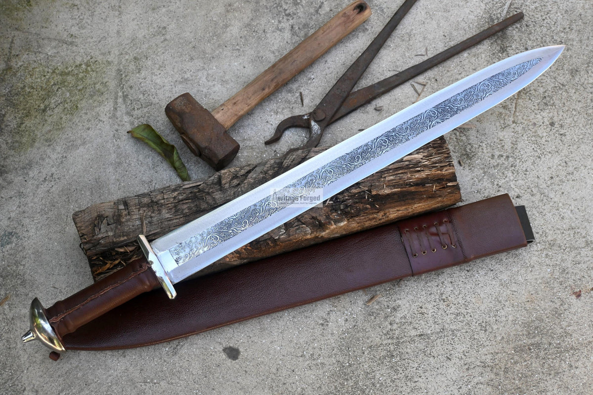 VIKING SWORD/21 inches Long Blade hand Made Sword/Leaf spring of truck/Rosewood Handle/Sharpen/Tempered/Flower pattern etched sword