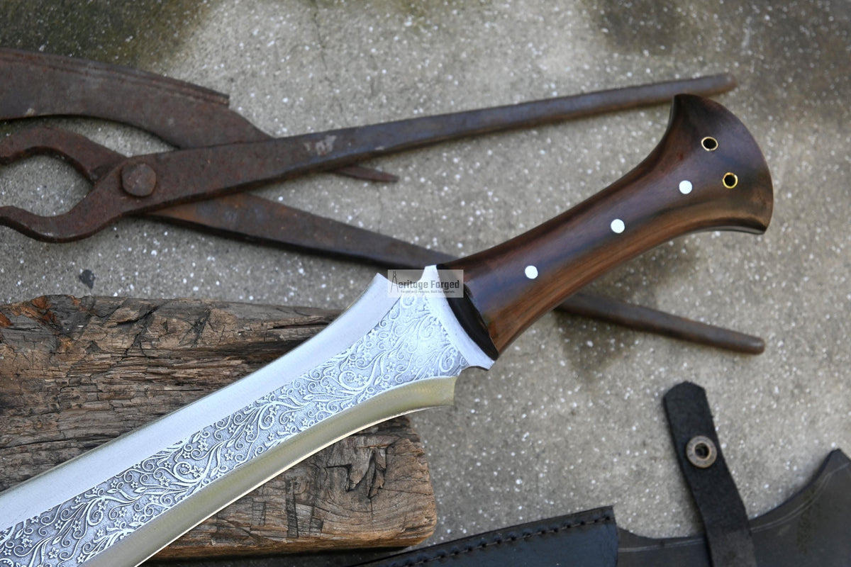 CELTIC LEAF SWORD / 21 inches Long Blade hand forged Sword/Leaf spring of truck/Rosewood Handle/Sharpen/Tempered/Flower pattern Etched sword