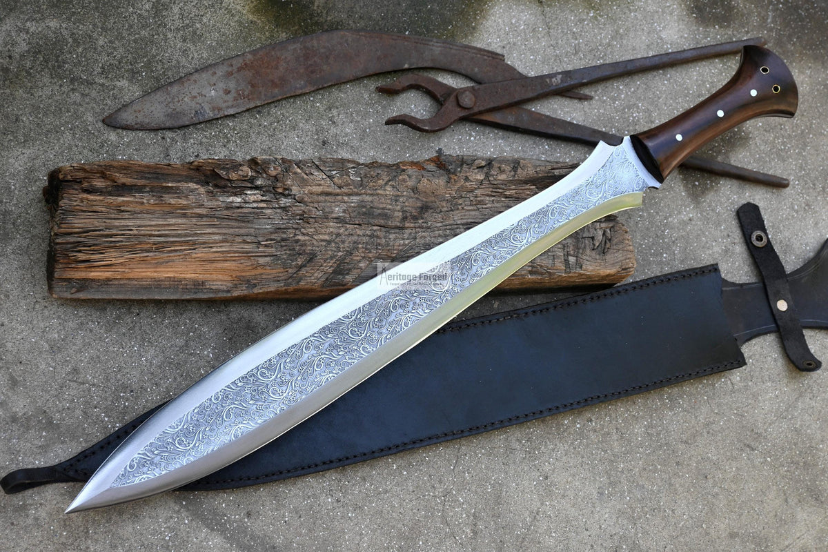 CELTIC LEAF SWORD / 21 inches Long Blade hand forged Sword/Leaf spring of truck/Rosewood Handle/Sharpen/Tempered/Flower pattern Etched sword