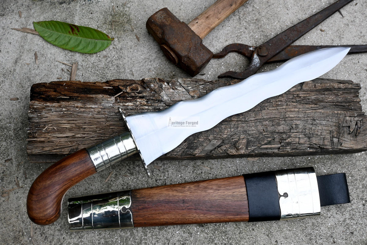 PUNYAL DAGGER/12 inches Long Blade hand forged Kris Dagger/Leaf spring of truck/Rosewood Handle/Sharpen/Tempered/Ready to use/knife/knives
