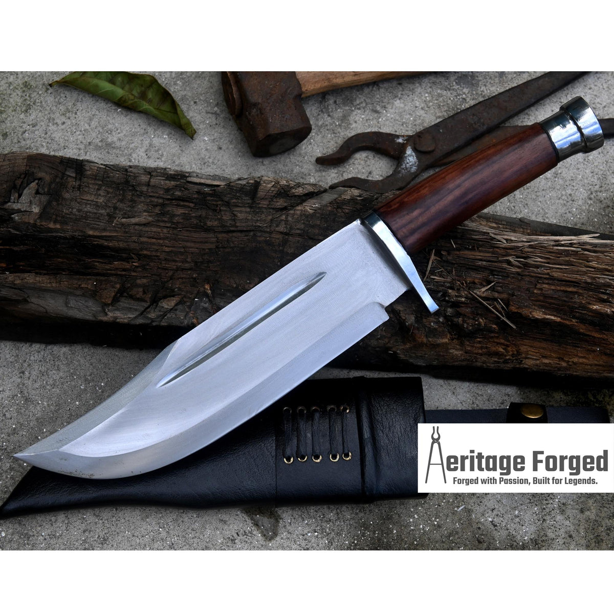 BOWIE KNIFE / 10 inches long Blade Hunting knife / Hand forged knife / Made from Leaf spring of truck / Tempered / Sharpen/ Ready to use