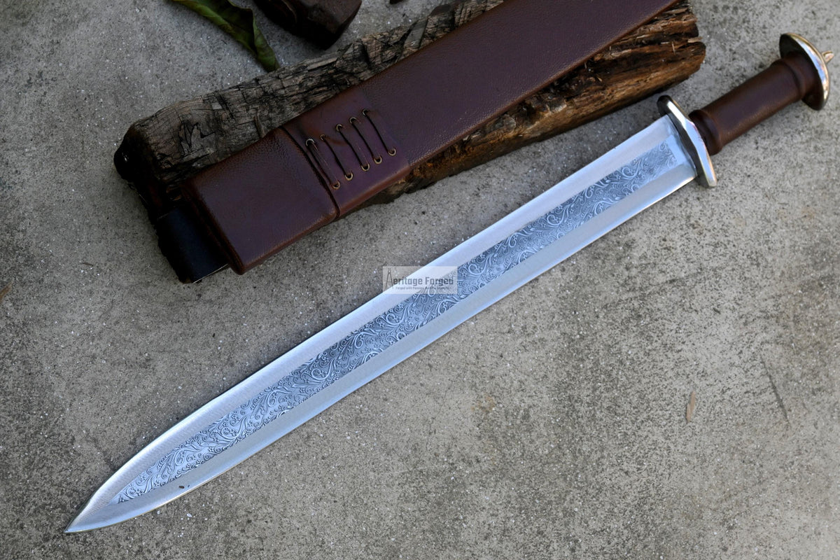 VIKING SWORD/21 inches Long Blade hand Made Sword/Leaf spring of truck/Rosewood Handle/Sharpen/Tempered/Flower pattern etched sword