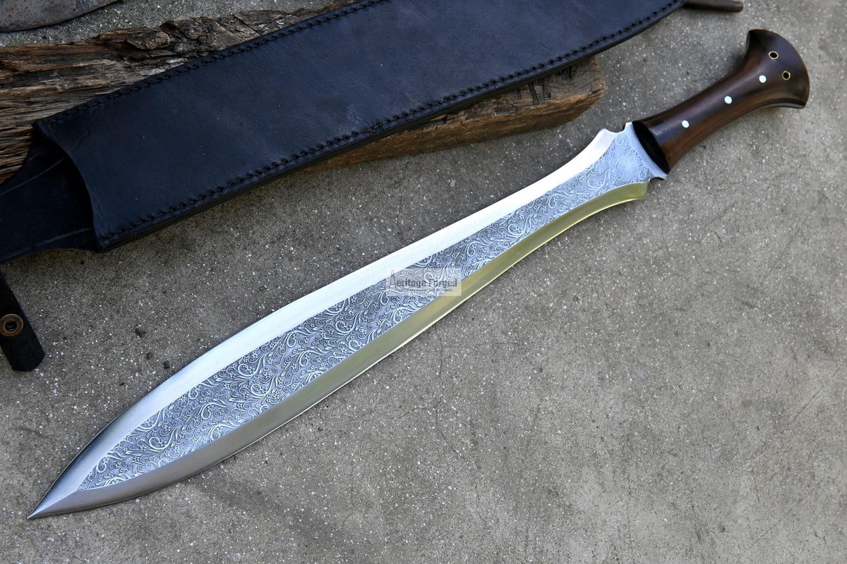 CELTIC LEAF SWORD / 21 inches Long Blade hand forged Sword/Leaf spring of truck/Rosewood Handle/Sharpen/Tempered/Flower pattern Etched sword