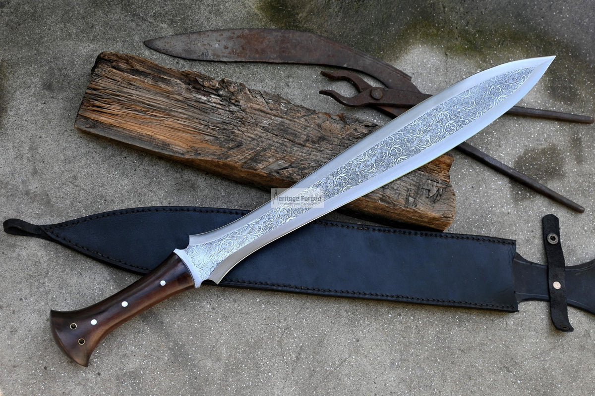 CELTIC LEAF SWORD / 21 inches Long Blade hand forged Sword/Leaf spring of truck/Rosewood Handle/Sharpen/Tempered/Flower pattern Etched sword