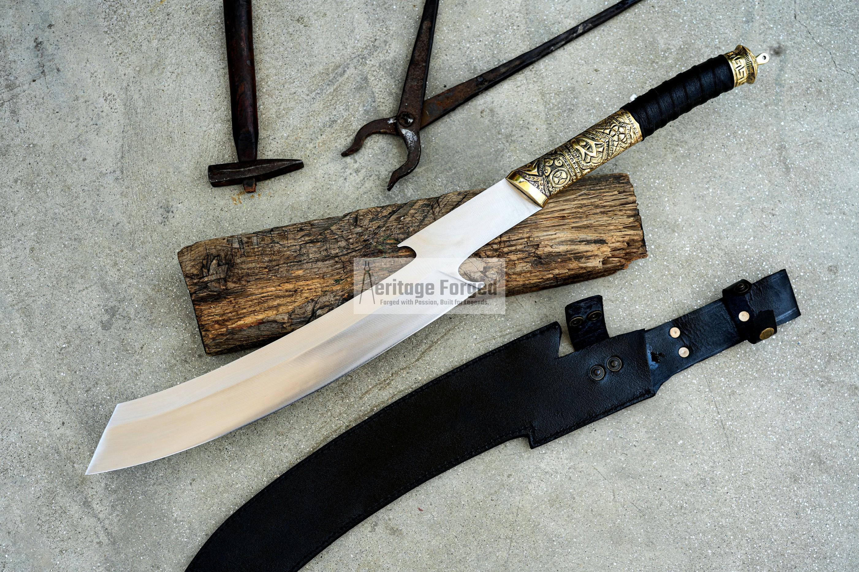 HELLBOY KHOPESH MACHETE/ 19 inches Long Blade hand forged Egyptian  khopesh sword /Leaf spring of truck /Sharpen/Tempered/Ready to use