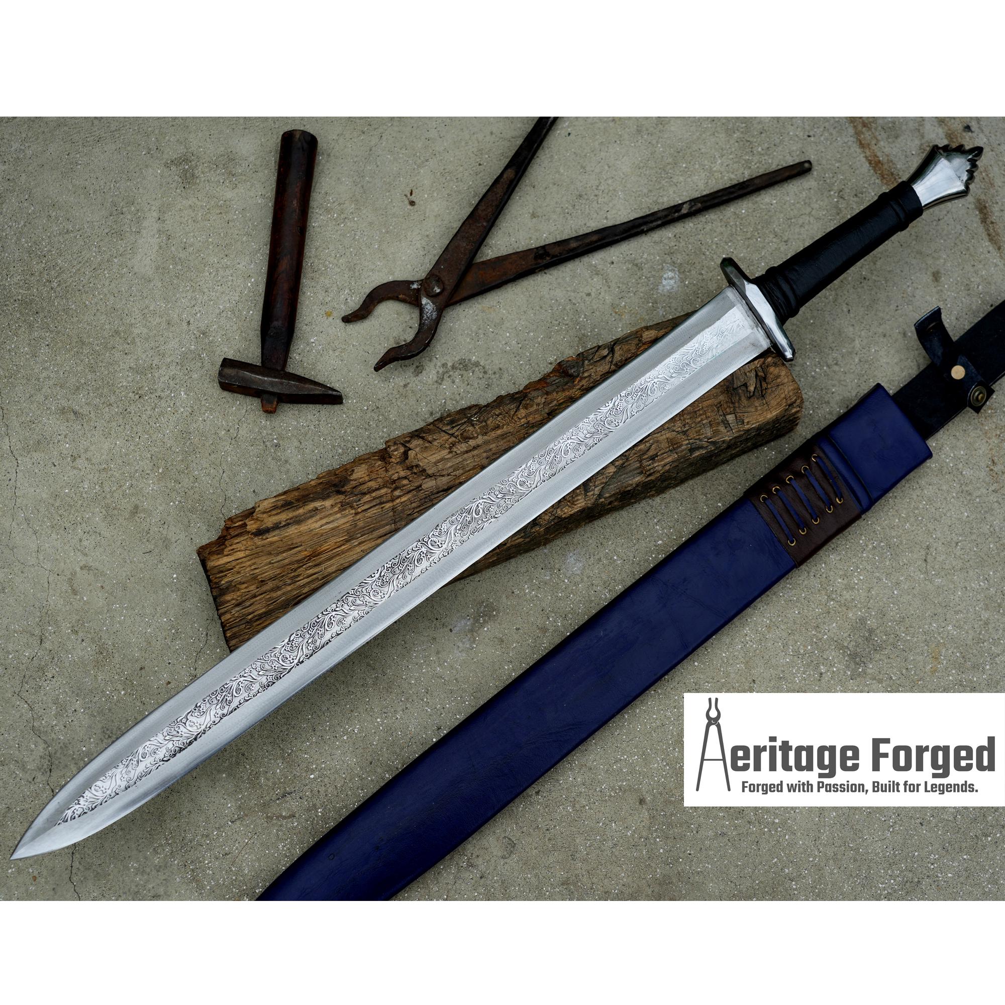 VIKING SWORD/25 inches Long Blade hand Made Sword/Leaf spring of truck/Rosewood Handle/Sharpen/Tempered/Flower pattern etched sword