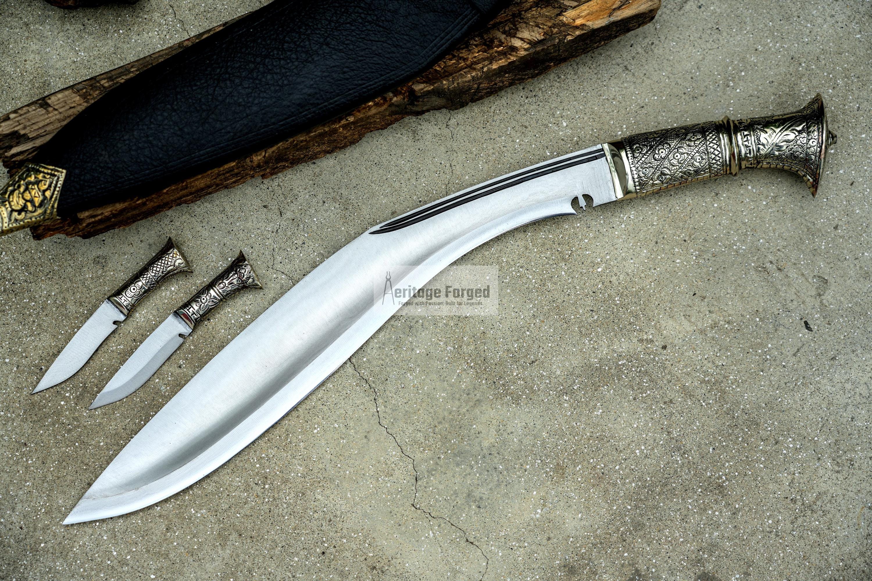 BRASS HANDLE KUKERI / Large Jungle Machete/ 17 inches Long Blade Heavy duties khukuri / Leaf spring of truck/ Tempered/Sharpen/Working