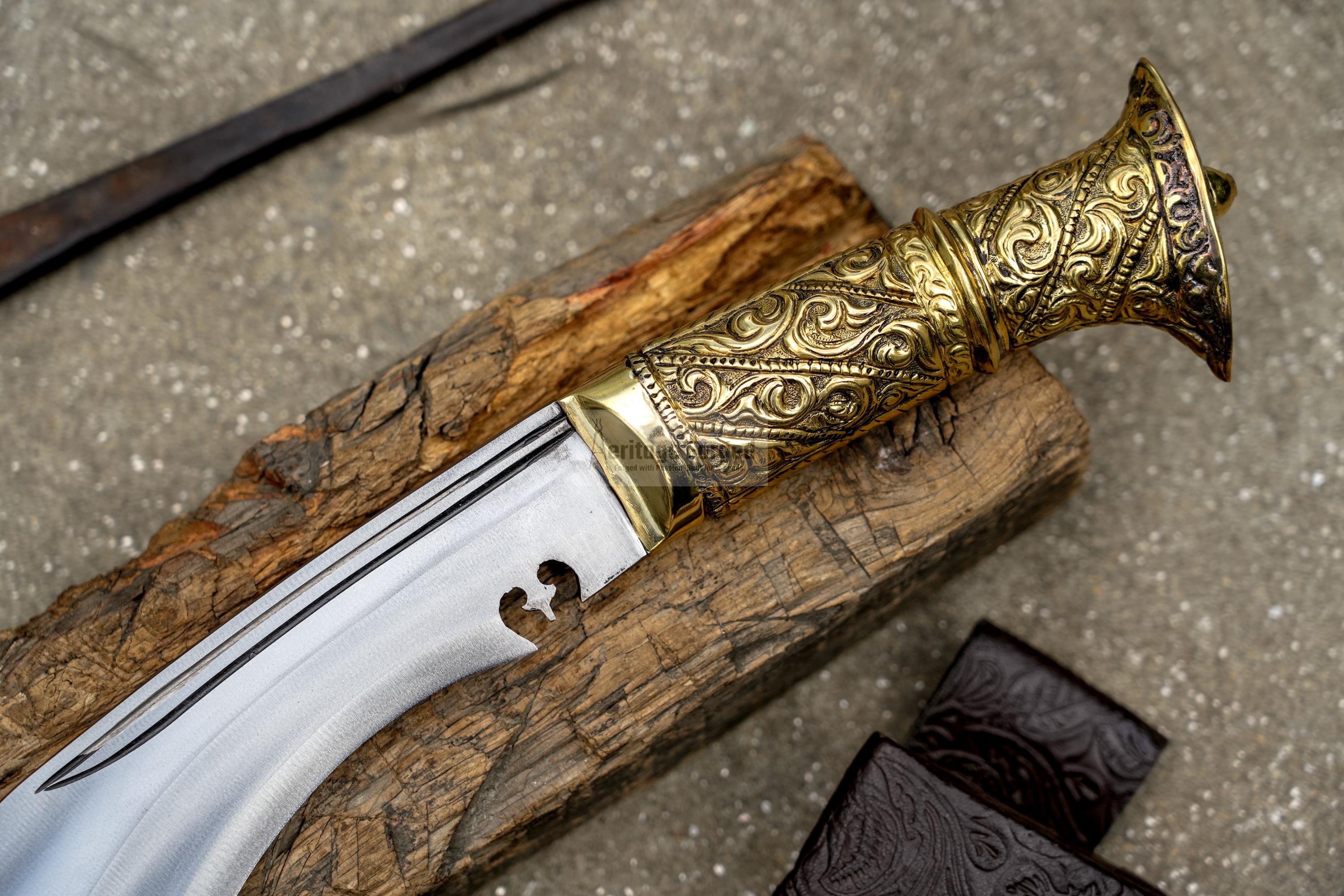 BRASS HANDLE KUKERI / Large Jungle Machete/ 13 inches Long Blade Heavy duties khukuri / Leaf spring of truck/ Tempered/Sharpen/Working
